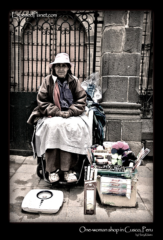 Tipping the scales: Woman selling stuff on the streets of Cusco, Peru