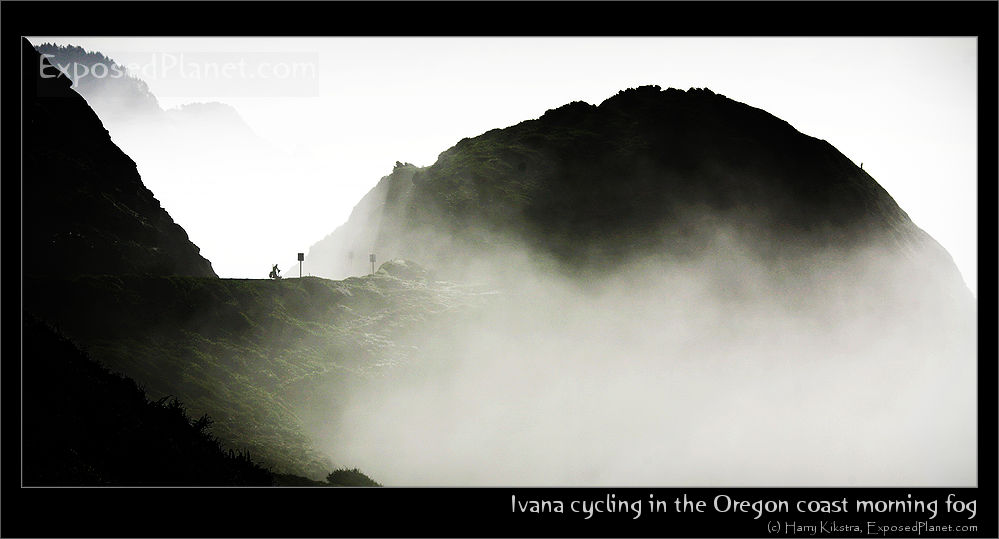 Cycling through the morning fog on the Oregon coast, USA