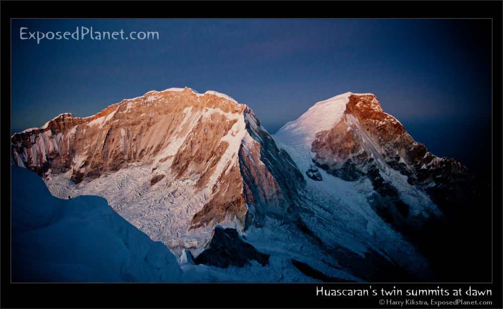 Twin summits of Huascaran from the east at dawn, Peru